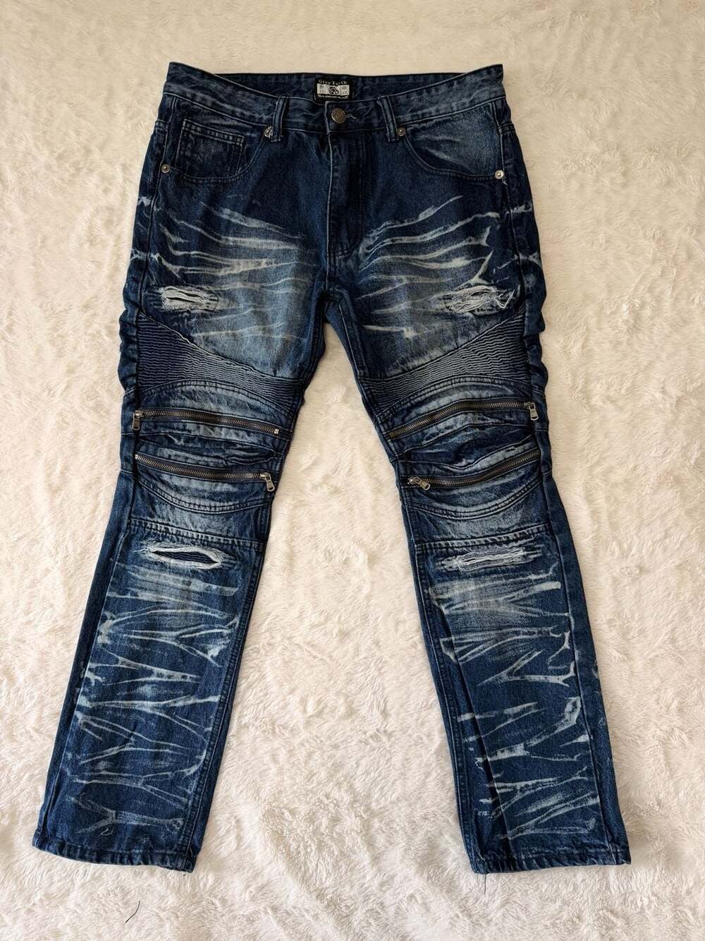 Gray Earth Mens Acid Wash Moto Biker Jeans Distressed Zipper Pockets Sz 36x30